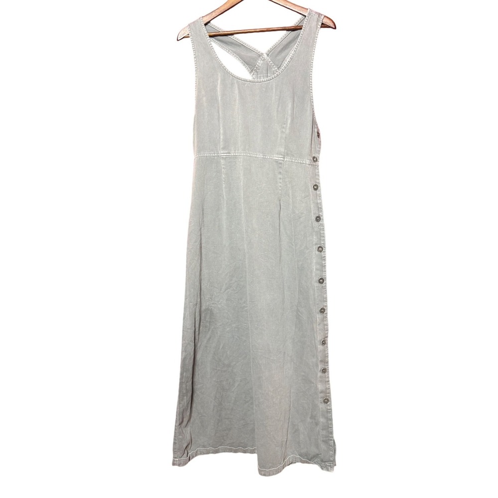 VTG One World Maxi Dress Women‎ Medium Green Button Side Cross Back 100% Cotton